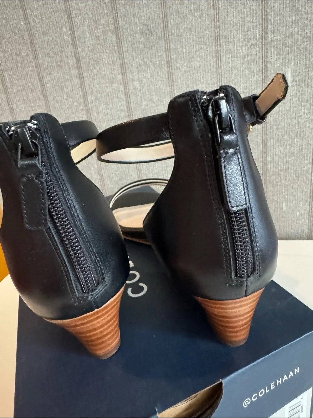 Size 7 Cole Haan Abriella Leather Wedge Sandals, W19578 Black